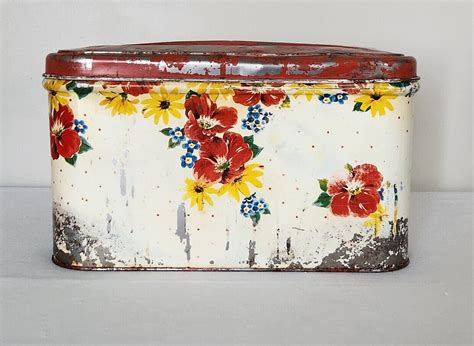 Vintage Metal Bread Box Red Yellow Blue Flowers 